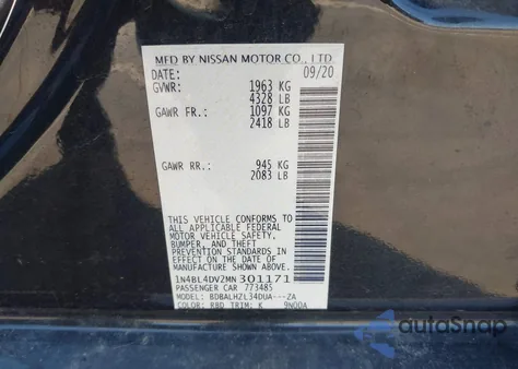 2021 Nissan Altima Sv Fwd z USA, uszkodzony, nr VIN 1N4BL4DV2MN301171